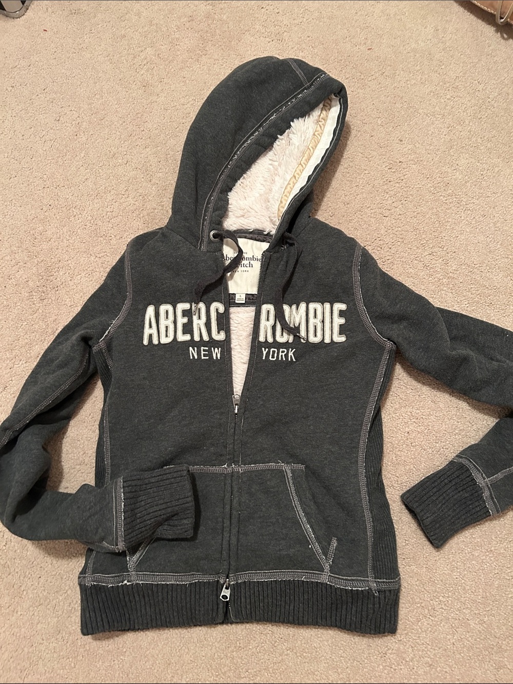 Abercrombie & Fitch Charcoal Hooded Zip-Up Jacket with Sherpa Lining